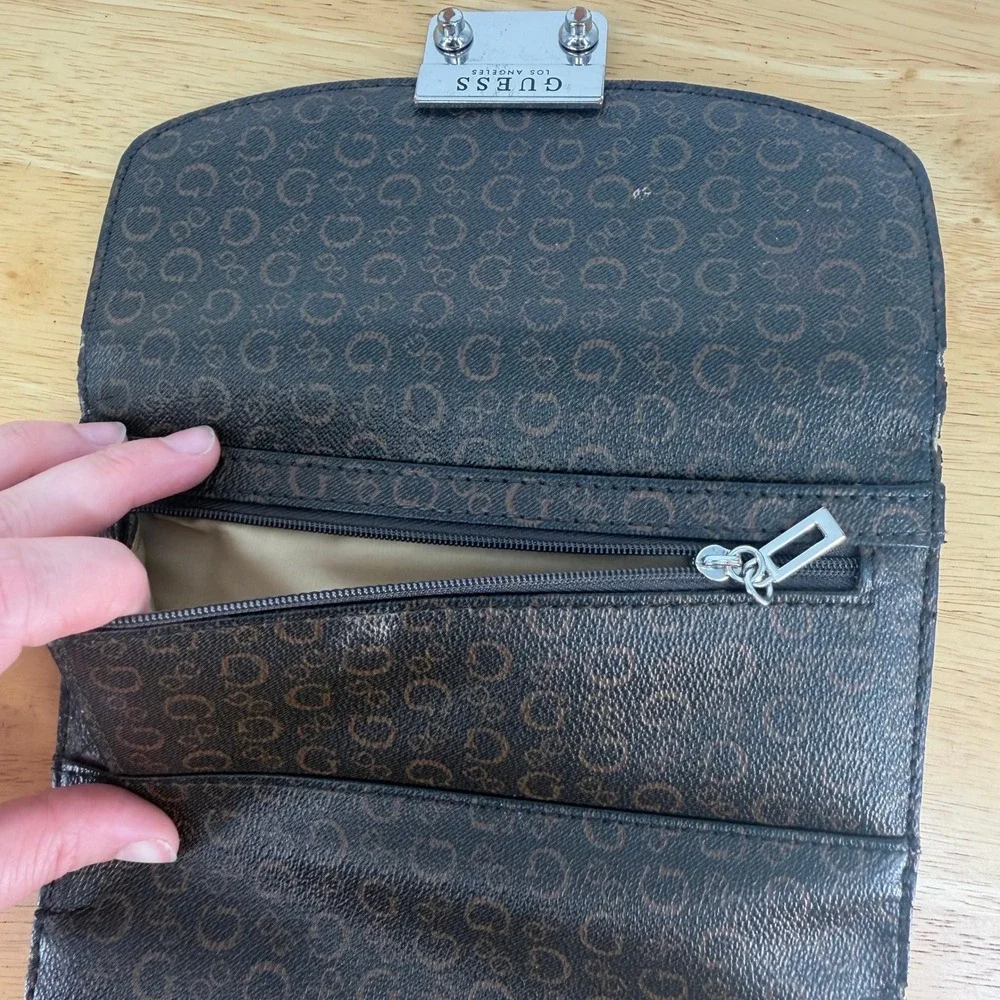 Guess Wallet Womens OS Brown Monogram Logo Slim Clutch Designer Classic Luxury